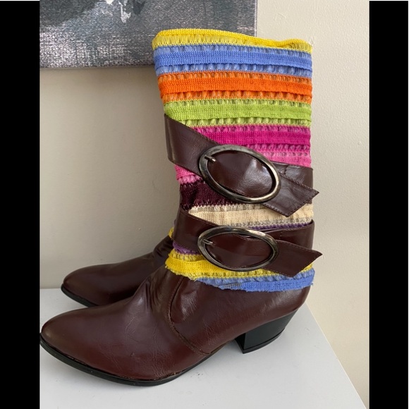 Firenze Style in Italy  boots brown with multi color fabric lace Adornment Sz 40 - Picture 9 of 9